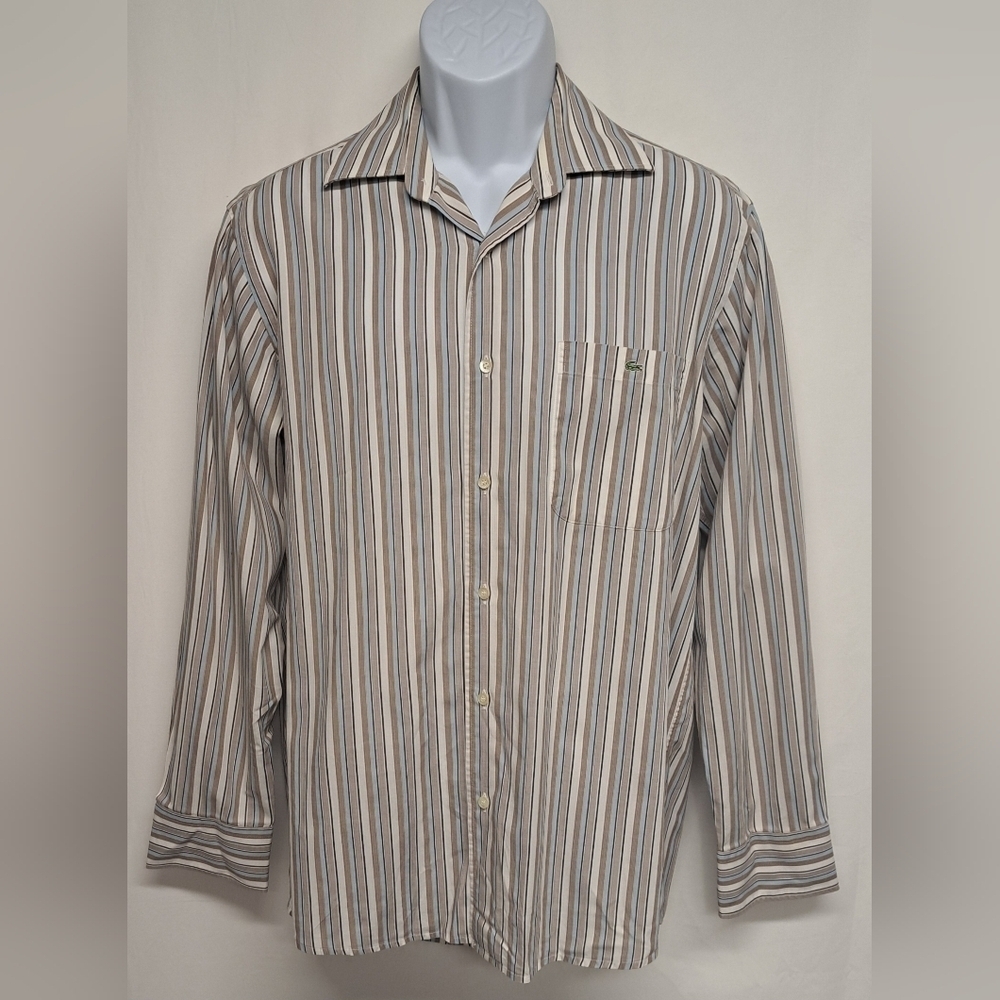 Lacoste 40 M Dress Shirt Button Down Long Sleeve Striped 100% Cotton